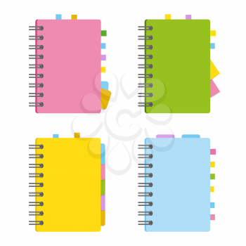 Closed notebook, personal diary on a spiral with bookmarks and paper for notes. A set of four options with bright, attractive covers. Colorful flat vector illustration isolated on white background