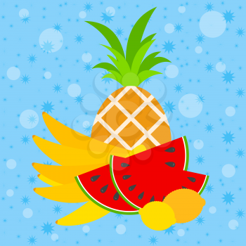 A set of isolated appetizing fruits on a blue background. Juicy, bright, delicious tropical food. Pineapple, banana, watermelon, lemon Simple flat vector illustration