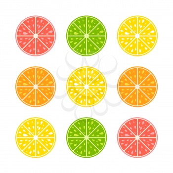 Set of colored isolated halves of mouth-watering fruits on a white background. Juicy, bright, delicious tropical food. Lime, lemon, grapefruit, orange. Simple flat vector illustration