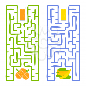 A square labyrinth. Find the way from juice to fruit. Simple flat isolated vector illustration