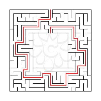 A square labyrinth with an entrance and an exit. Simple flat vector illustration isolated on white background. With a place for your drawings. With the answer.
