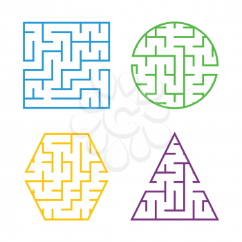 A set of colored labyrinths for children. A square, a circle, a hexagon, a triangle. Simple flat vector illustration isolated on white background