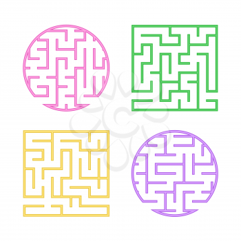 A set of colored labyrinths for children. A square, round maze. Simple flat vector illustration isolated on white background