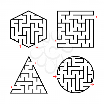 A set of labyrinths for children. A square, a circle, a hexagon, a triangle. Simple flat vector illustration isolated on white background