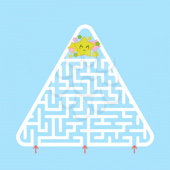 Triangular white labyrinth. Find the right entrance to the labyrinth. A simple flat vector illustration isolated on a blue background. With a cartoon cute character.