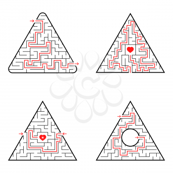 Triangular labyrinth. A set of four options. Simple flat vector illustration isolated on white background. With the answer
