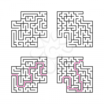 A set of black square mazes for children. Simple flat vector illustration isolated on white background. With the answer. With a place for your images