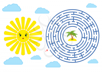 Round maze with a cartoon character. Nice sun with clouds and beach. An interesting and developing game for children. Simple flat isolated vector illustration