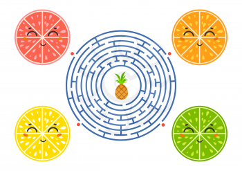 Round maze with cartoon characters. Lovely fruit. An interesting and developing game for children. Simple flat isolated vector illustration.