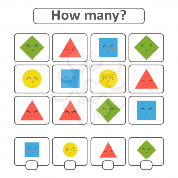 Game for preschool children. Count as many geometric shapes in the picture and write down the result. With a place for answers. Simple flat isolated vector illustration