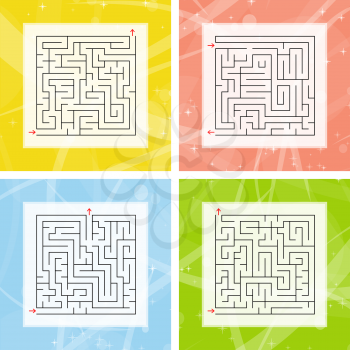 A set of square labyrinths. An interesting and useful game for children and adults. Simple flat vector illustration on a colorful abstract background