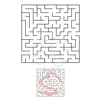 Black square maze with entrance and exit. An interesting and useful game for children. Simple flat vector illustration isolated on white background. With the answer