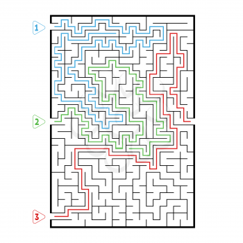 Abstract rectangular large maze. Game for kids. Puzzle for children. Three entrances, one exit. Labyrinth conundrum. Flat vector illustration isolated on white background. With answer.