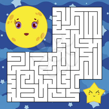 Abstract square maze with a cute color cartoon character. The moon and the star. An interesting and useful game for children. Simple flat vector illustration isolated on white background