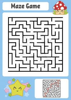 Abstract square maze. Kids worksheets. Game puzzle for children. Cute star and mushroom. One entrances, one exit. Labyrinth conundrum. Vector illustration. With answer.