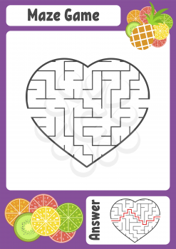 Maze in the shape of a heart. Kids worksheets. Activity page. Game puzzle for children. Appetizing tropical fruits. Labyrinth conundrum. Vector illustration. With answer.