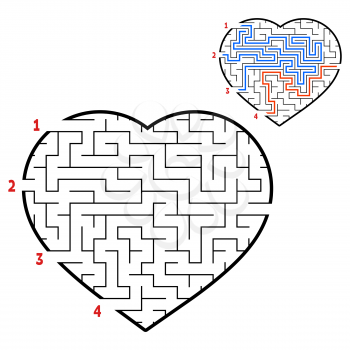 Labyrinth heart. Game for kids and adults. Find the right path. Puzzle for children. Labyrinth conundrum. Flat vector illustration isolated on white background. With the answers