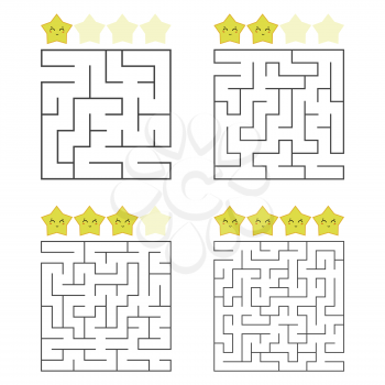 A set of square mazes. Four levels of difficulty. Cute stars. Game for kids. Puzzle for children. One entrances, one exit. Labyrinth conundrum. Flat vector illustration isolated on white background