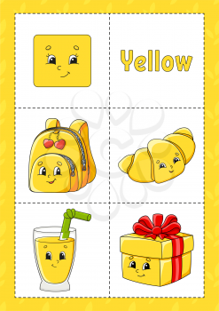 Learning colors. Flashcard for kids. Cute cartoon characters. Picture set for preschoolers. Education worksheet. Vector illustration.