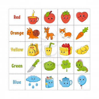 Learning colors for kids. Cut and play. Cute cartoon characters. Picture set for preschoolers. Education worksheet. Vector illustration.