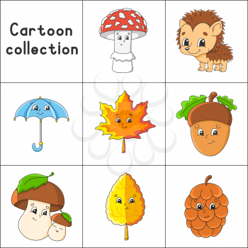 Set of stickers with cute cartoon characters. Autumn clipart. Hand drawn. Colorful pack. Vector illustration. Patch badges collection. Label design elements. For daily planner, diary, organizer.