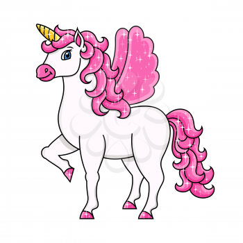 Cute unicorn with wings. Magic fairy horse. Colorful vector illustration. Isolated on white background. Design element. Template for your design, books, stickers, cards, posters, clothes.