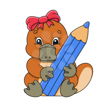 Platypus girl with pensil. Cartoon character. Colorful vector illustration. Isolated on white background. Design element. Template for your design, books, stickers, cards.
