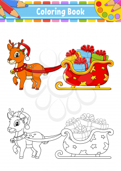 Santa Claus sleigh. Winter deer. Christmas theme. Coloring book page for kids. Cartoon style. Vector illustration isolated on white background.