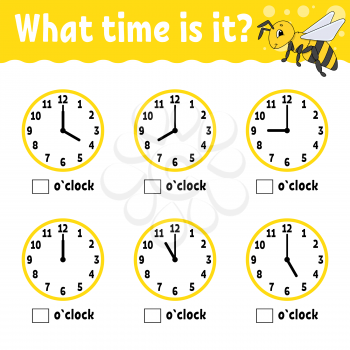 Learning time on the clock. Educational activity worksheet for kids and toddlers. Game for children. Simple flat isolated color vector illustration in cute cartoon style.