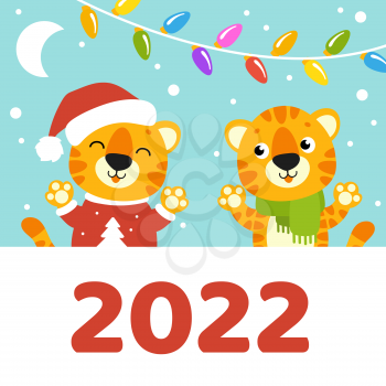 Gift color greeting card. Tiger simbol in a santa hat. Cute cartoon character. Happy New Year and Merry Christmas. Animal holding white blank poster. Flat style. Vector illustration.