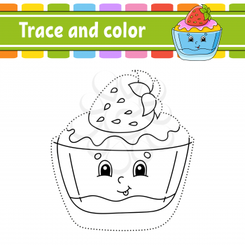 Trace and color. Birthday theme. Coloring page for kids. Handwriting practice. Education developing worksheet. Activity page. Game for toddlers. Isolated vector illustration. Cartoon style.