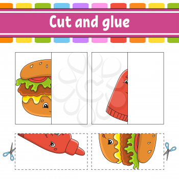 Cut and play. Paper game with glue. Flash cards. Education worksheet. Activity page. Funny character. Isolated vector illustration. Cartoon style.