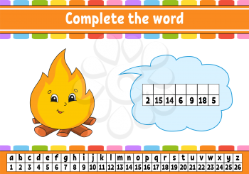 Complete the words. Cipher code. Learning vocabulary and numbers. Education worksheet. Activity page for study English. Isolated vector illustration. Cartoon character.