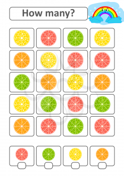 Game for preschool children. Count as many fruits in the picture and write down the result. Lemon, lime, orange, grapefruit. With a place for answers. Simple flat isolated vector illustration