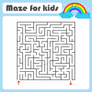 Black square maze with entrance and exit. With a cute cartoon of a rainbow. Simple flat vector illustration isolated on white background