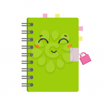 Cute cartoon notepad on a spiral in a green cover with bookmarks. Cute character. Simple flat vector illustration isolated on white background