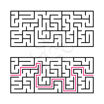 Rectangular labyrinth with a black stroke. A game for children. Simple flat vector illustration isolated on white background. With the answer