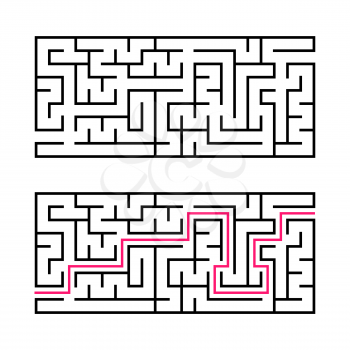 Rectangular labyrinth with a black stroke. A game for children. Simple flat vector illustration isolated on white background. With the answer