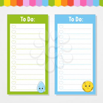 To do list for kids. Empty template. Drop and moon. The rectangular shape. Isolated color vector illustration. Funny character. Cartoon style. For the diary, notebook, bookmark.