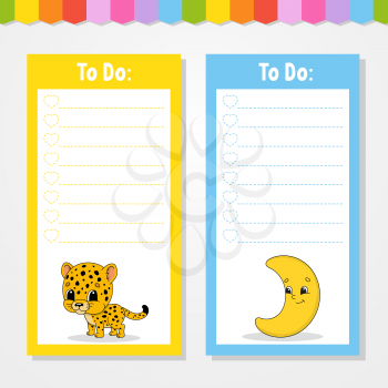 To do list for kids. Empty template. Jaguar and crescent. The rectangular shape. Isolated color vector illustration. Funny character. Cartoon style. For the diary, notebook, bookmark.