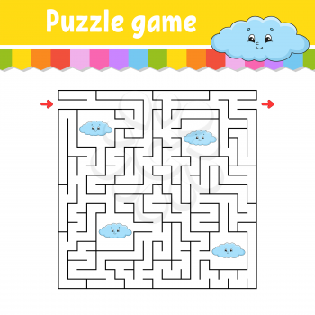 Square maze. Game for kids. Funny cloud. Puzzle for children. Labyrinth conundrum. Color vector illustration. Find the right path. Isolated vector illustration. Cartoon character.