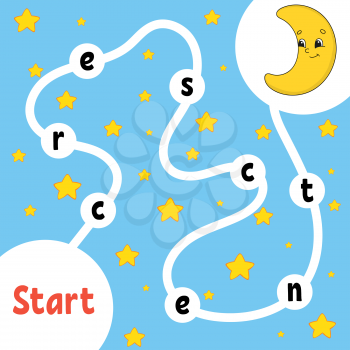 Logic puzzle game. Cute crescent. Learning words for kids. Find the hidden name. Education developing worksheet. Activity page for study English. Isolated vector illustration. Cartoon style.