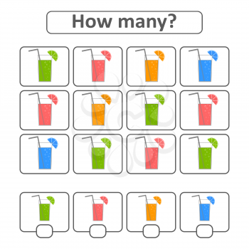 Game for preschool children. Count as many glasses with juice in the picture and write down the result. With a place for answers. Simple flat isolated vector illustration