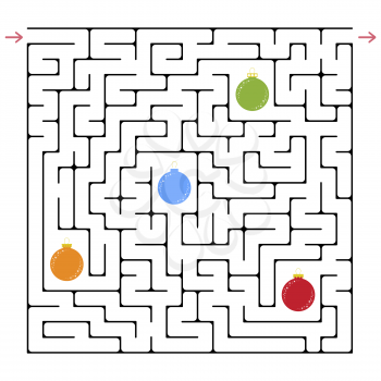 Abstract square maze. An interesting and useful game for children. Collect all the Christmas balls. Simple flat vector illustration isolated on white background