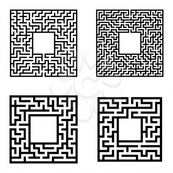 Black abstract square maze with a place for your image. Set of four puzzles. An interesting and useful game for kids. A simple flat vector illustration isolated on a white background
