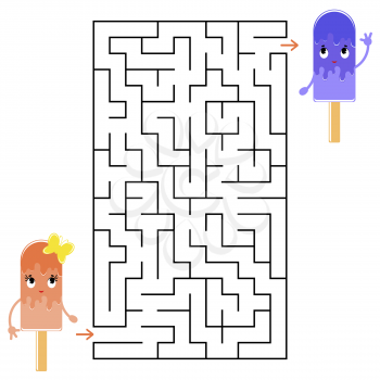 Abstract rectangular maze with a cute color cartoon character. Funny ice cream. An interesting and useful game for children. Simple flat vector illustration isolated on white background