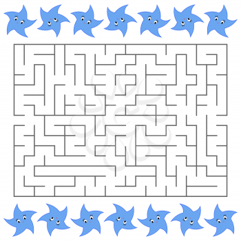 Abstract rectangular maze with a cute color cartoon character. Blue stars. An interesting and useful game for children. Simple flat vector illustration isolated on white background.