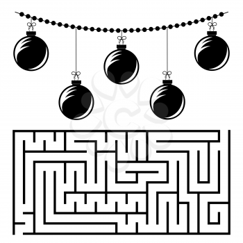 Abstract rectangular maze with a black and white picture. Round Christmas balls. An interesting and useful game for children. Simple flat vector illustration isolated on white background.