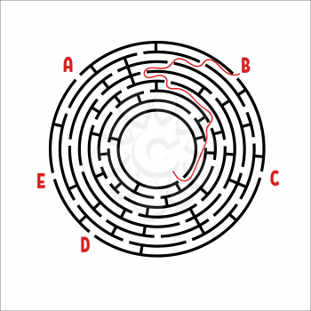 Abstract round maze. Game for kids. Children's puzzle. Five entrances, one exit. Labyrinth conundrum. Simple flat vector illustration isolated on white background. With the answer.