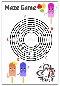 Abstract round maze. Kids worksheets. Activity page. Game puzzle for children. Cute cartoon ice cream. Labyrinth conundrum. Vector illustration. With answer. With space for your image